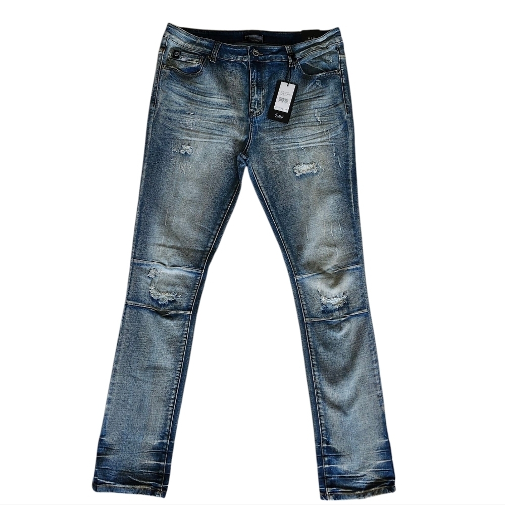 Men's Blue Distressed Jeans Tall Length. Size 36x34
